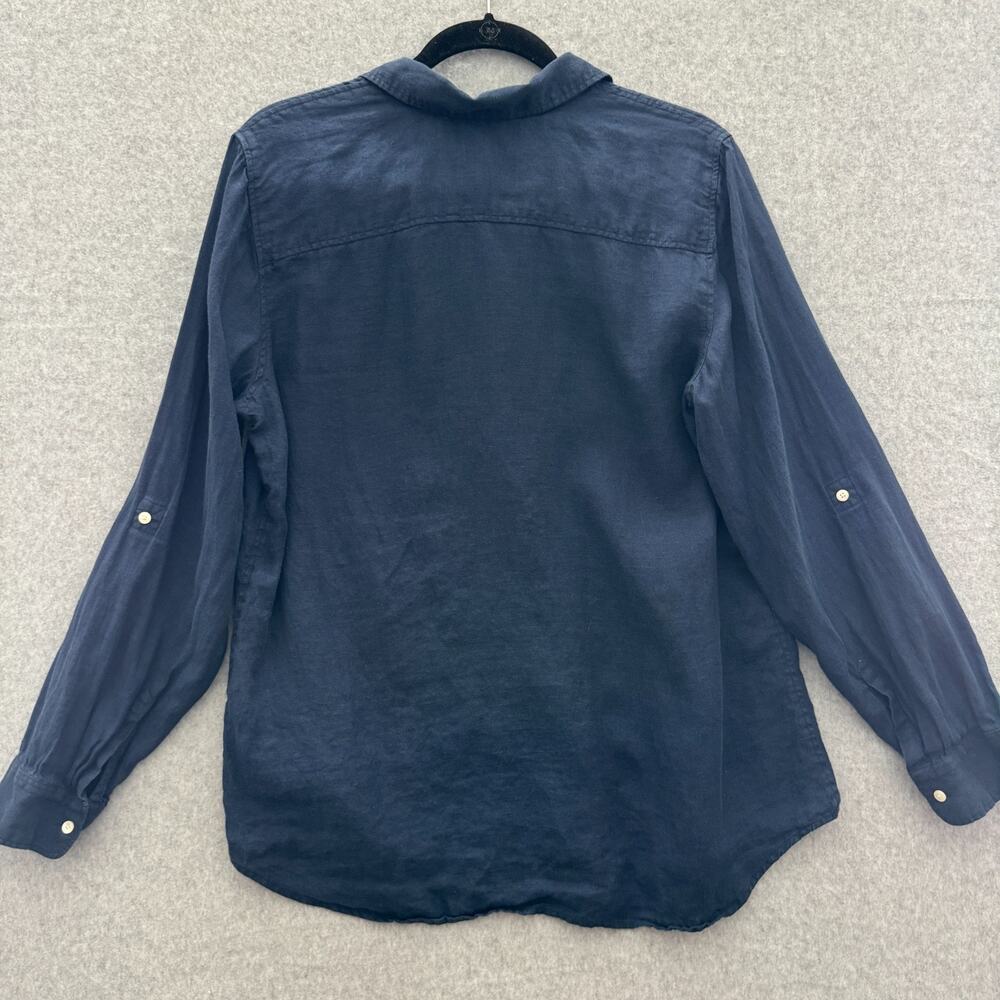 Talbots 100% Linen Button Up Shirt Sz L Navy Blue Pockets Coastal Minimalist - Picture 3 of 8